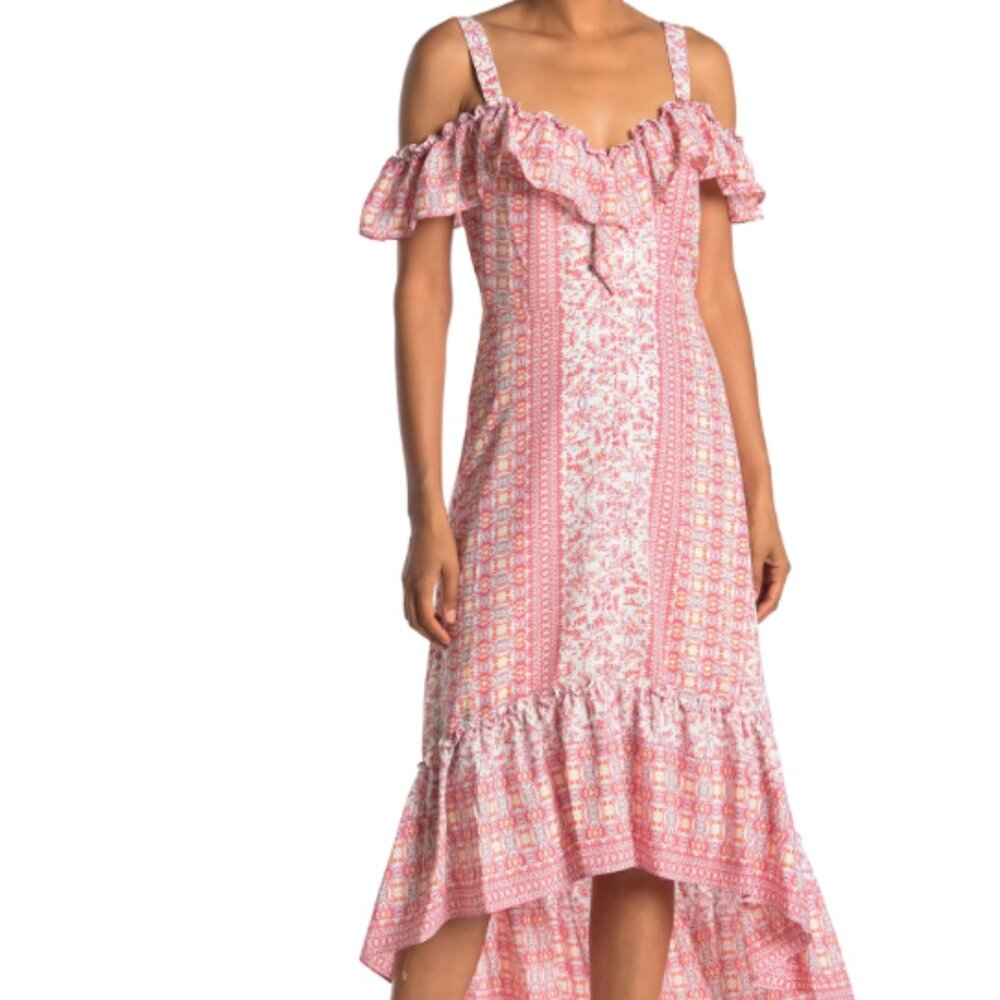 BCBGMAXAZRIA Printed Open Shoulder Ruffle Hem Dress